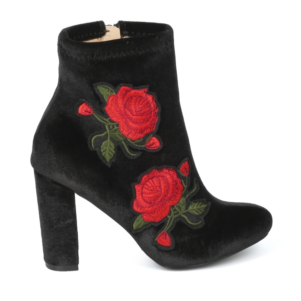 Liliana Velvet Embroidered Rose Patch ChunckyHeel